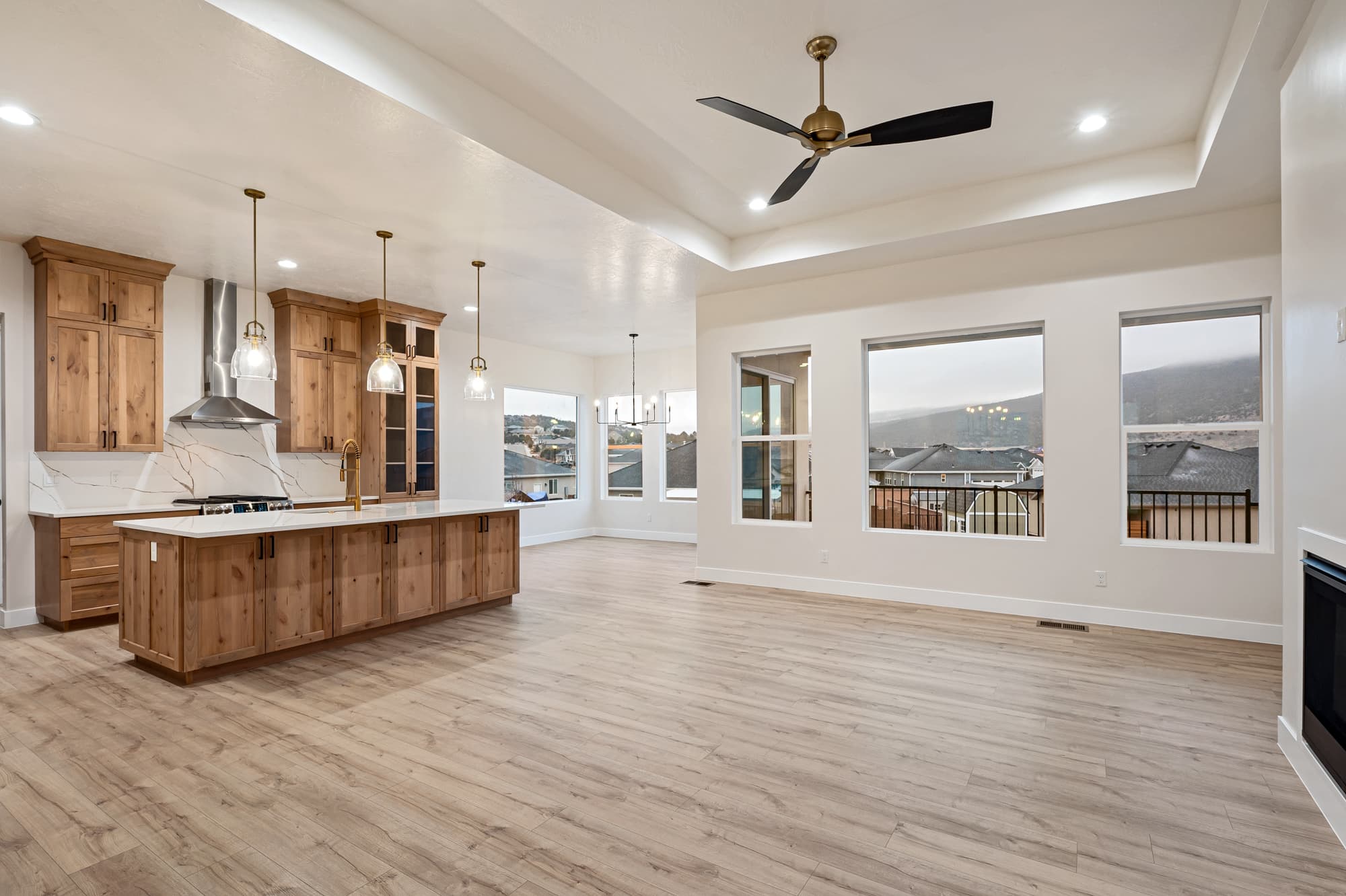 Open great room with wood floors